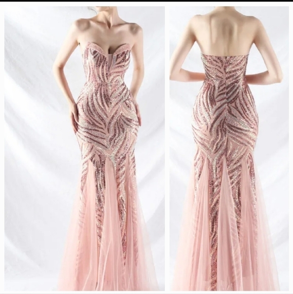 Pink, Striped Print,  Backless,  Sleeveless,  Contrast Sequined Mermaid … - Picture 3 of 16